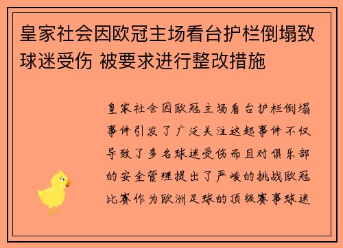 皇家社会因欧冠主场看台护栏倒塌致球迷受伤 被要求进行整改措施
