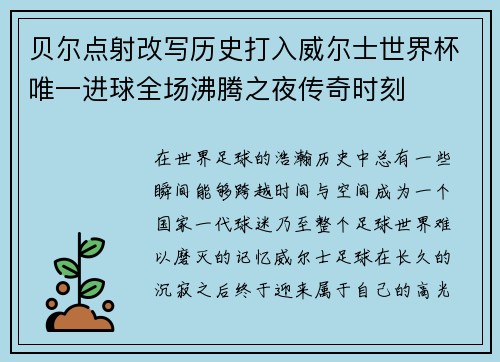 贝尔点射改写历史打入威尔士世界杯唯一进球全场沸腾之夜传奇时刻